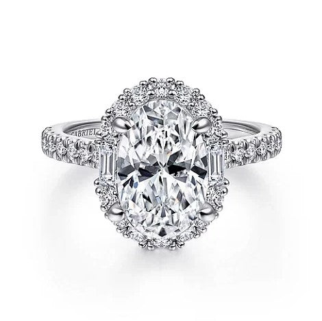 14K White Gold Oval Halo Semi-Mount Diamond Engagement Ring, 0.72 carat