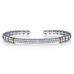 Sterling Silver/14K Yellow Gold White Sapphire Bujukan Open Bangle Bracelet, 1.22Carat TW