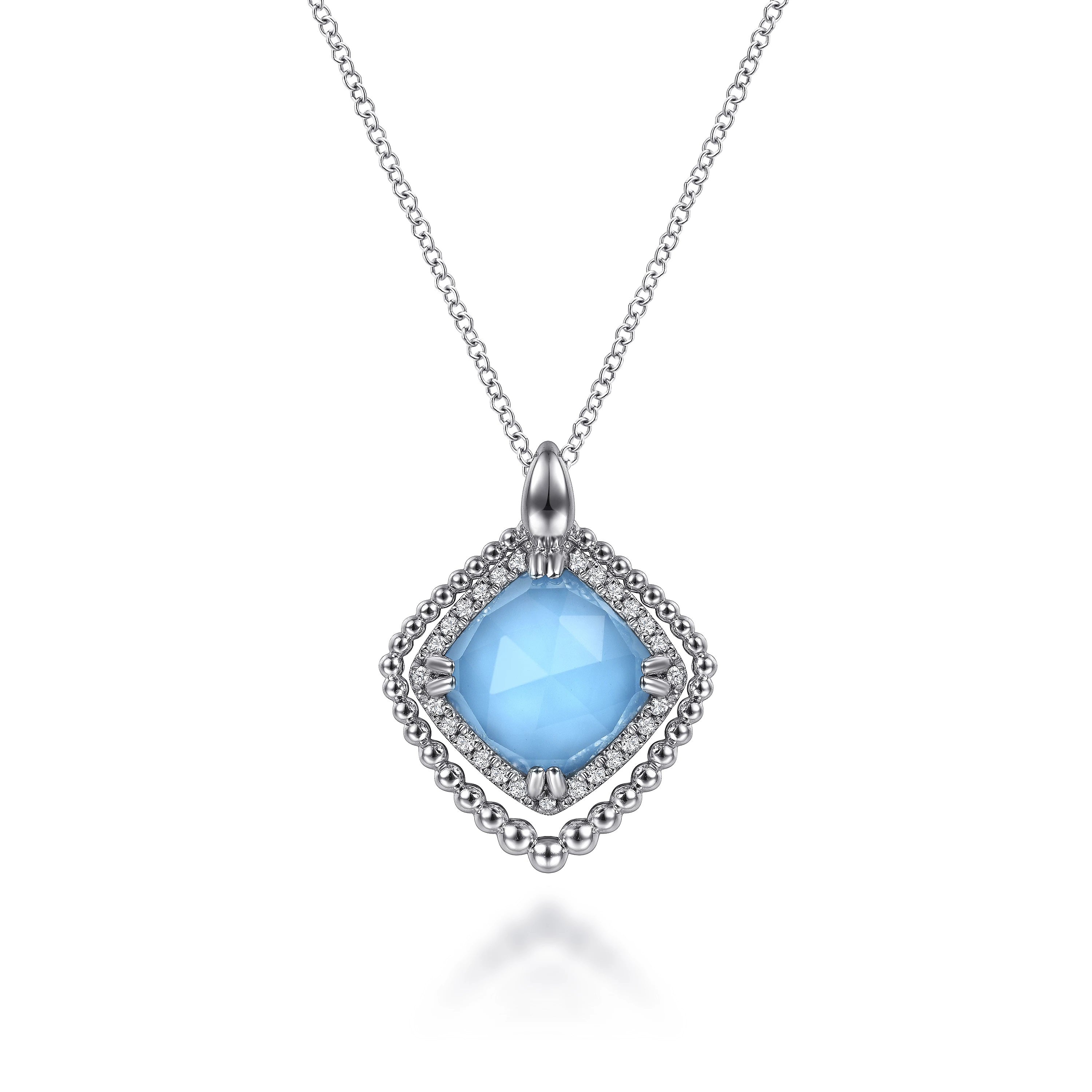 Sterling Silver Bujukan White Sapphire and Rock Crystal and Turquoise Pendant, 17.5" Cable Chain