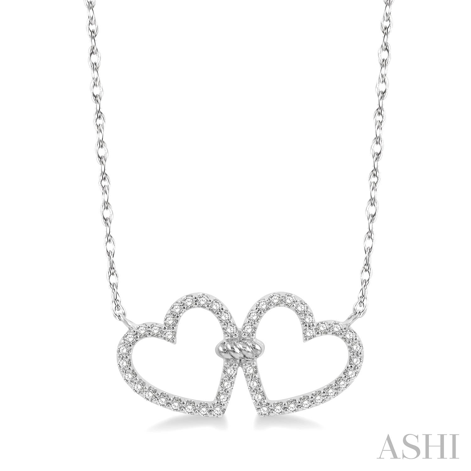 14K White Gold Diamond Twin Heart Necklace, 0.25 Carat TW