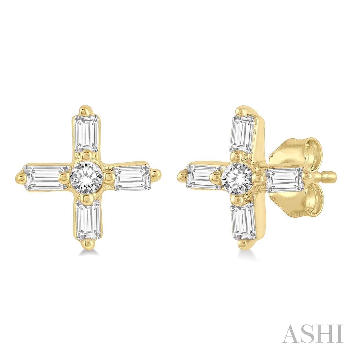 10K Yellow Gold Petite Diamond Cross Earrings, 0.10 Carat TW
