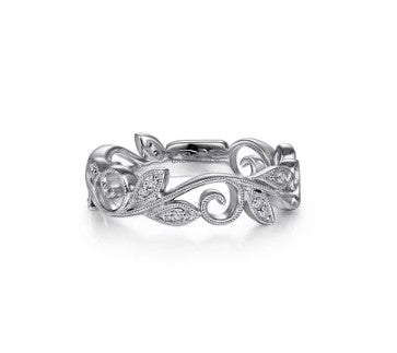 White Gold Scrolling Floral Diamond Stackable Ring