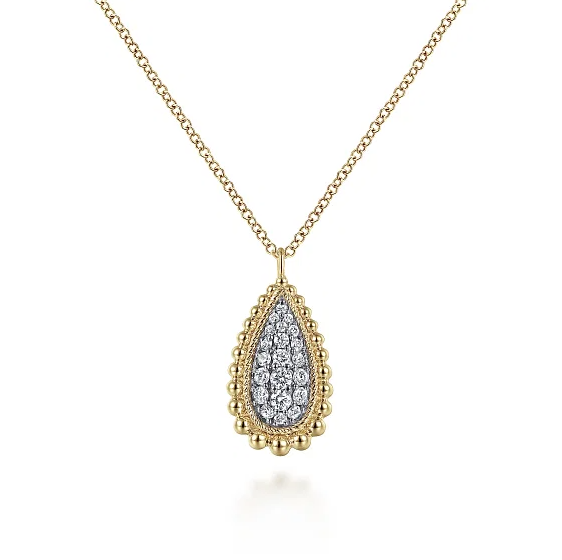 14K Yellow Gold Bujukan Diamond Pave Teardrop Pendant, 0.24 Carat TW