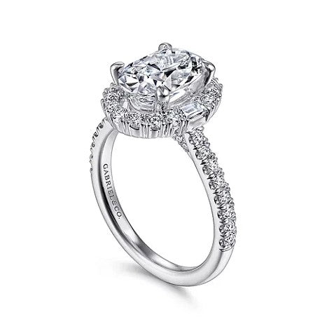 14K White Gold Oval Halo Semi-Mount Diamond Engagement Ring, 0.72 carat