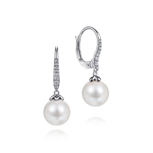 14K White Gold 9MM Pearl with Diamond Leverback Earrings, 0.15Carat TW