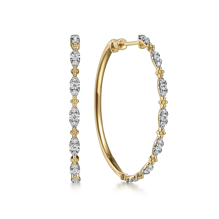 Yellow Gold Diamond Station Hoop Earrings, 0.60 Carat TW