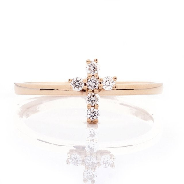 14K Yellow Gold Diamond Petite Cross Ring, 0.13 Carat TW