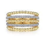 Yellow Gold Multi Row Diamonds and Beads Stackable Ring Set