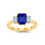 14K Yellow Gold Emerald Cut Lab Grown 1.80Carat TW Blue Sapphire Ring with 0.67 Carat TW LG Diamonds