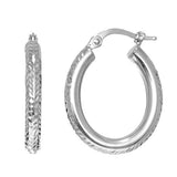 14K White Gold Diamond Cut Oval Hoop Earrings