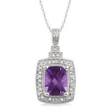 Sterling Silver 9x7 MM Cushion Shape Amethyst and Diamond Pendant, 0.10Carat TW