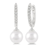 White Gold Pearl Huggie Earrings, 0.12 Carat TW