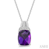Sterling Silver 10X8 Cushion Amethyst with Diamond Pendant, 0.02Carat TW