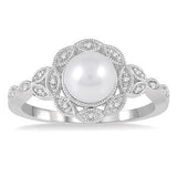 Sterling Silver Freshwater Pearl and Diamond Ring w/ 0.05 Carat TW