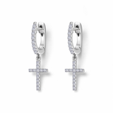 Sterling Silver Cross CZ Huggie Dangle Earrings, 0.40 Carat CZ TW