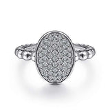 Sterling Silver Beaded Oval Ring with White Sapphires Pave