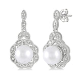 Sterling Silver Diamond and Pearl Dangle Earrings, 0.05 carat total weight
