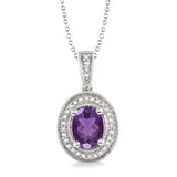 Sterling Silver 8x6 MM Oval Cut Amethyst and Single Cut Diamond Pendant, 0.05Carat TW