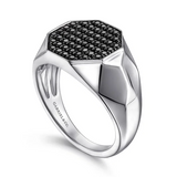 Sterling Silver Faceted Signet Ring with Black Spinel Pave in High Polished Finish