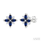 10K White GoldMarquise Shape Sapphire & 0.08 Carat Diamond Round Stud Earrings