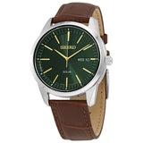 Stainless Steel Brown Leather Strap Solar Watch w/ Green Face, Day & Date Markers