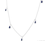 10K White Gold Pear Shape Sapphire and Round Cut Diamonds Station Necklace, 0.13 Carat TW