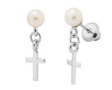 Sterling Silver Pearl Cross Dangle Earrings