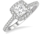 14K White Gold .50Carat Diamond Princess Cut Center with .25Carat TW Rounds Engagement Ring