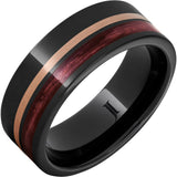 Men's Black Diamond Ceramic Ring with Rose Gold and Wood Barrel Inlays