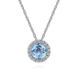 White Gold Swiss Blue Topaz and Diamond Halo Pendant