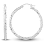 White Gold Diamond Cut Round Hoop Earrings