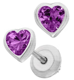 Sterling Silver Heart February CZ Birthstone Earrings