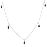 10K White Gold Pear Shape Sapphire and Round Cut Diamonds Station Necklace, 0.13 Carat TW