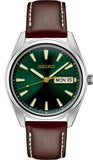 Stainless Steel Analog Gent's Watch with Green Dial & Leather Band