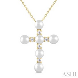 10K Yellow Gold 4 MM Cross Cultured Pearl and Diamond Fashion Pendant, 0.15Carat TW