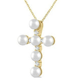 10K Yellow Gold 4 MM Cross Cultured Pearl and Diamond Fashion Pendant, 0.15Carat TW