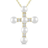 10K Yellow Gold 4 MM Cross Cultured Pearl and Diamond Fashion Pendant, 0.15Carat TW