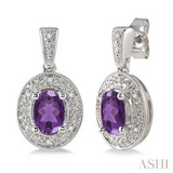 Sterling Silver 7x5 MM Oval Cut Amethyst and Diamond Earrings, 0.05Carat TW