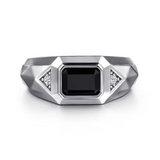 Sterling Silver Faceted Mens Ring with Onyx, 0.05 Carat TW