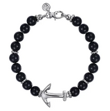 Sterling Siver 8mm Onyx Beaded Bracelet with Anchor 8