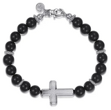 Sterling Silver and Onyx Beaded Bracelet with Cross