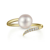 14K Yellow Gold  Cultured Pearl Diamond Open Wrap Ring, 0.59 TWT