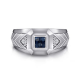Sterling Silver Wide Chevron Mens Ring with Sapphire, 0.05 Carat TW