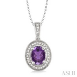 Sterling Silver 8x6 MM Oval Cut Amethyst and Single Cut Diamond Pendant, 0.05Carat TW