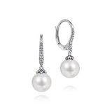 14K White Gold 9MM Pearl with Diamond Leverback Earrings, 0.15Carat TW