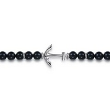 Sterling Siver 8mm Onyx Beaded Bracelet with Anchor 8"