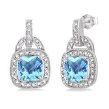 Sterling Silver 8MM Cushion Blue Topaz Diamond Earrings, 0.08Carat Tw