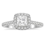 14K White Gold .50Carat Diamond Princess Cut Center with .25Carat TW Rounds Engagement Ring