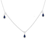10K White Gold Pear Shape Sapphire and Round Cut Diamonds Station Necklace, 0.13 Carat TW