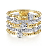 .58Carat TW Five Row Bujukan Ball and Diamond Station Ring Set in 14K White and Yellow Gold 6.25